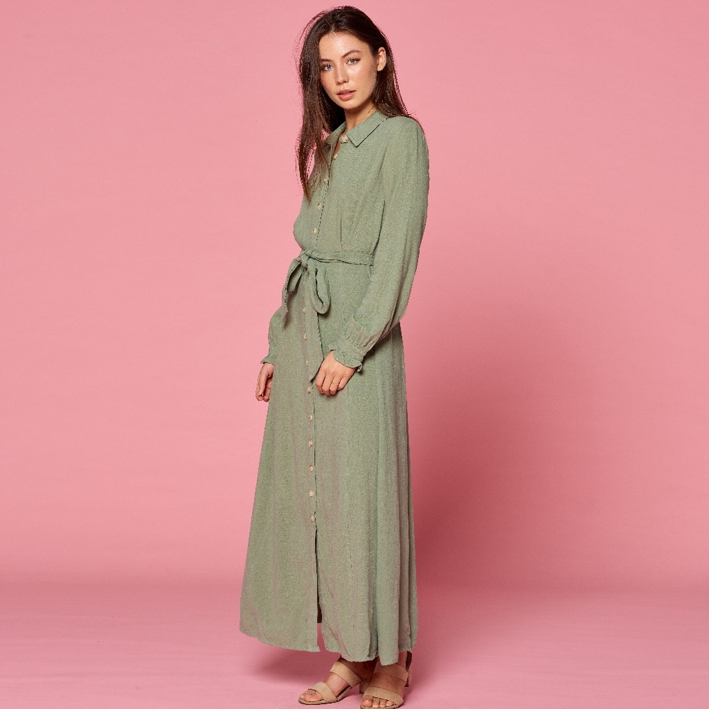 Dusty Olive Linen Blend Button Front Maxi Dress